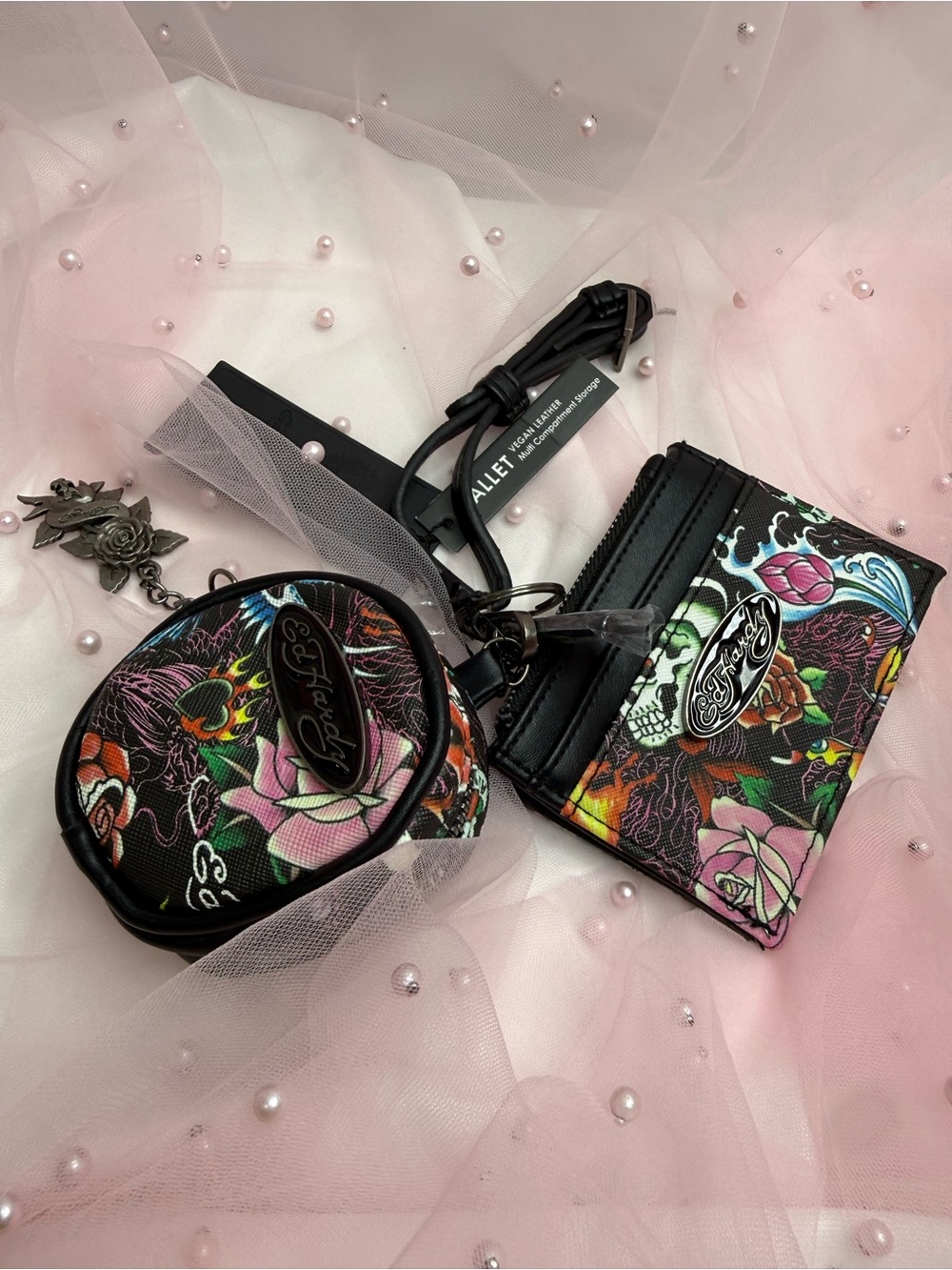 Ed Hardy Black Floral & Skull Wallet and Round Coin Pouch Set